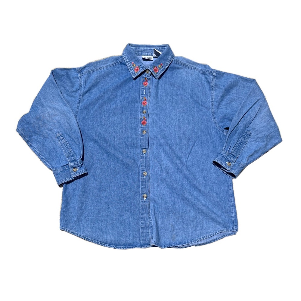 Vintage embroidered floral medium wash denim shirt by basic edition women’s sz M